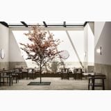 Gresie Lavaredo HLA 1 Framework 60x120 cm – ambient comercial, restaurant elegant cu pardoseala gresie si copac decorativ