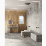 Gresie Lavaredo HLA 5 Framework 60x120 cm Mat – ambient baie, baie moderna cu placaj lemn si piatra gri, pe pardoseala si perete