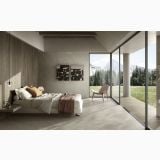 Gresie HNS 01 Nesting Almond Mat 120x120 cm – ambient dormitor, dormitor modern cu perete lemn si vedere spre munte, pe pardoseala