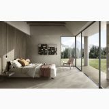 Gresie HNS 10 Nesting White Mat 120x120 cm – ambient dormitor, dormitor modern cu pardoseala gresie mare si vedere munte