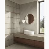 Gresie HNS 01 Nesting Almond Mat 60x120 cm – ambient baie, baie moderna cu lavoar oval si mobilier lemn, pe pardoseala si perete