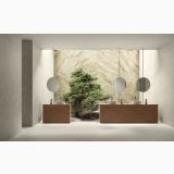 Gresie HNS 10 Nesting White Mat 80x80 cm – ambient baie, baie luxoasa cu doua console suspendate si copac decorativ, pe pardoseala
