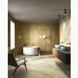Lastra Gresie Portelanata HPM 01 Paradise Lucios 120x278 cm – ambient baie, baie eleganta cu cada rotunda si pardoseala marmorata