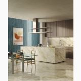 Gresie Portelanata HPM 01 Paradise Lucios 120x120 cm – ambient bucatarie, bucatarie moderna cu insula marmorata si perete turcoaz, pe pardoseala