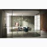 Lastra Gresie Portelanata HPM 03 Amazzonite Lucios 120x278 cm – ambient living, sufragerie eleganta cu perete si pardoseala verde marmorat