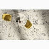Gresie Portelanata HPM 10 Paonazzo Mat 60x120 cm – ambient living, vedere de sus, masa rotunda si scaune galbene pe gresie, pe pardoseala