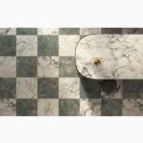 Lastra Gresie Portelanata HPM 10 Paonazzo Mat 120x278 cm – ambient living, pardoseala in carouri verde si alb, masa marmura
