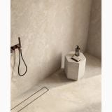 Gresie Stone Edition HSE 11 Alabastrino Pure Cross Cut 60x120cm – ambient baie, dus cu perete si pardoseala travertin, taburet hexagonal