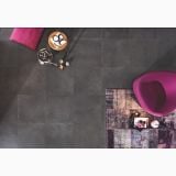 Gresie Rectificata Square Crossing 60x60 cm – ambient living, vedere de sus, gresie gri cu covor si fotoliu roz, pe pardoseala