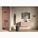 Gresie Portelanata Dorset Beige Vein Cut Mat 60x120 cm – ambient baie, baie moderna cu cabina dus roz si mobilier suspendat, pe pardoseala si perete