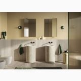 Gresie Dorset Tortora Vein Cut Mat 60x120 cm – ambient baie, baie eleganta cu lavoare cilindrice si perete travertin, pe pardoseala