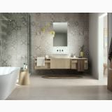 Gresie Rectificata Square Downtown 60x60 cm – ambient baie, baie moderna cu cada freestanding si mobilier lemn, pe pardoseala