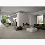 Gresie Rectificata Square Downtown 80x80 cm – ambient living, living deschis cu gresie gri, canapea neagra si masa, pe pardoseala