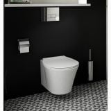 Vas WC Suspendat Rimless Plus Connect Air Ideal Standard + Capac Slim Finisaj Alb Lucios – ambient baie, baie moderna cu perete negru si gresie geometrica