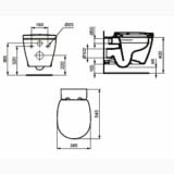 Vas WC Suspendat Rimless Connect Ideal Standard + Capac Slim Soft Close Finisaj Alb Lucios – schita tehnica, desen tehnic cu dimensiuni vas wc si capac