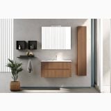 Coloana Mobilier Riflat Easy Noce Gold Usa Riflata L.27 H.150 P.20 – ambient baie, baie moderna cu coloana suspendata riflata si oglinda, pe perete