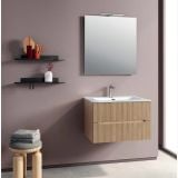 Mobilier Baie Riflat Easy Finisaj Rovere Chiaro cu doua sertare L.90 cm – ambient baie, mobilier baie suspendat cu oglinda si etajere negre, pe perete