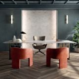 Gresie Imitatie Lemn Eco Chic Avana 20x170 cm – ambient living, birou elegant cu parchet șerpuit și fotolii portocalii, pe pardoseala