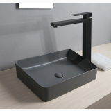 Robinet Lavoar Elle Paffoni Negru Mat Inalt – ambient baie, robinet negru mat inalt pe lavoar gri montat blat lemn