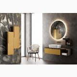 Set Mobilier Baie Belbagno Era 10 Noce Gold 120 cm – ambient baie, baie moderna cu mobilier auriu, oglinda rotunda, scaun elegant, pe perete