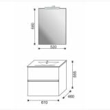 Set Mobilier Suspendat Baie Harmony 61 cm Bianco Matrix – schita tehnica, desen tehnic cu dimensiuni oglinda si mobilier baie