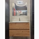 Set Mobilier Baie Suspendat Harmony Rovere Nodato L 80 cm – ambient baie, mobilier suspendat lemn cu oglinda iluminata si lavoar, pe perete