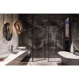 Baterie Incastrata Cada Dus Ardesia 2 Iesiri Negru-Roz Auriu – ambient baie, baie luxoasa cu cada freestanding si dus marmura negru, pe perete
