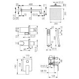 Sistem De Dus Incastrat Brina 2 Iesiri Crom – schita tehnica, desen tehnic cu dimensiuni pentru sistem dus incastrat