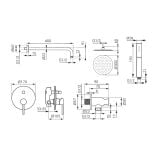 Sistem dus 6 in 1 FDesign Flusso Crom – schita tehnica, desen tehnic cu cote pentru sistem dus complet