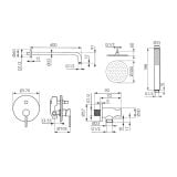 Sistem dus incastrat FDesign Flusso 6 in 1 Auriu Lucios – schita tehnica, desen tehnic cu dimensiuni pentru sistem dus incastrat