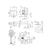 Sistem Dus Incastrat 6 in 1 FDesign Zaffiro Negru-Roz Auriu – schita tehnica, desen tehnic cu dimensiuni pentru sistem dus incastrat