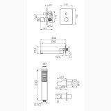 Sistem dus 6 in 1 FDesign Flusso Crom – schita tehnica, desen tehnic cu dimensiuni pentru sistem dus complet