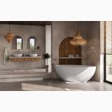 Baterie cada freestanding FDesign Flusso Crom Lucios – ambient baie, baie moderna cu cada freestanding, baterie crom si nisa lemn, pe pardoseala