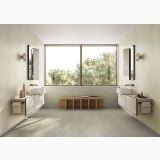 Gresie Portelanata I Cementi Beige 60x120 cm – ambient baie, baie moderna cu doua lavoare, fereastra mare, gresie gri, pe pardoseala