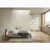 Gresie Portelanata I Cementi Beige 60x120 cm – ambient dormitor, dormitor minimalist cu perete decorativ crem si pat textil