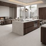 Gresie Silver Grain White mat 60x60 cm – ambient living, living si bucatarie open space cu insula moderna, pe pardoseala