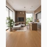 Parchet Stratificat Venifloor Golden Oak Luxury mat 21x 244,5 cm – ambient living, living open-space cu bucatarie, canapea gri si plante, pe pardoseala