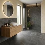 Gresie HNS 08 Antracite 80x80 cm – ambient baie, baie moderna cu dus walk-in si mobilier lemn, pe pardoseala