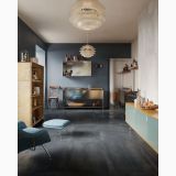 Gresie Portelanata Dripart Calamine Mat 60x60 cm – ambient bucatarie, bucatarie moderna cu pardoseala gri inchisa si mobilier turcoaz