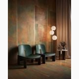 Gresie Portelanata Dripart Cooper Mat 60x120 cm – ambient living, living cu scaune verzi, perete si pardoseala cupru