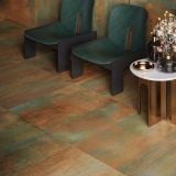 Gresie Portelanata Dripart Copper Mat 60x60 cm – ambient living, living cu scaune verzi si pardoseala efect cupru