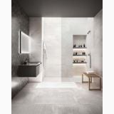 Gresie Portelanata Dripart Titanium Mat 30x60 cm – ambient baie, baie moderna gri cu dus si nisa iluminata, pe pardoseala si perete