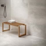 Gresie Portelanata Dripart Titanium Mat 90x90 cm – ambient baie, baie moderna cu banca lemn si gresie gri, pe pardoseala si perete