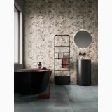 Gresie Portelanata Dripart Verdigris Mat 30x60 cm – ambient baie, baie eleganta cu cada neagra, tapet floral, pardoseala gri