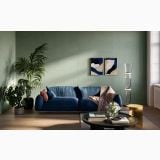 Gresie Iro Agave Mat 60x120 cm – ambient living, living verde cu canapea albastra si pardoseala lemn