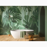 Gresie Imitatie Lemn Essence Gold Mat 20x120 cm – ambient baie, baie cu cada ovala, perete tapet tropical verde, pe pardoseala