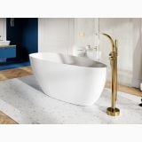 Cada Freestanding Goya White 160x70 cm – ambient baie, cada freestanding alba cu baterie aurie pe platforma terasa, pe pardoseala