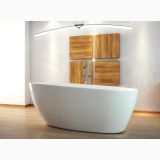 Cada Freestanding Goya White 160x70 cm – ambient baie, cada alba freestanding, panouri lemn si baterie moderna, pe pardoseala