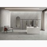 Gresie Limestone Gray Mat 80x160 cm – ambient comercial, showroom modern cu perete gresie si pardoseala gri
