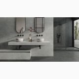 Gresie Limestone Gray Mat 40x80 cm – ambient baie, baie moderna cu dus, lavoare duble si blat gri, pe pardoseala si perete